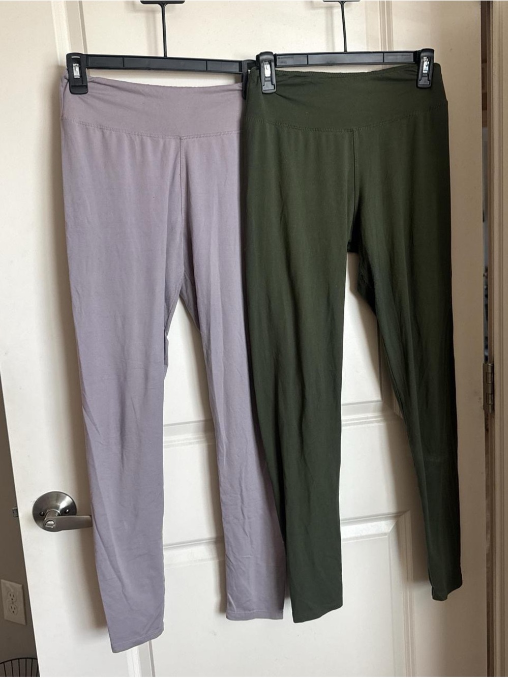 Women's High-Waist Stretch Leggings - Olive Green and Light Purple